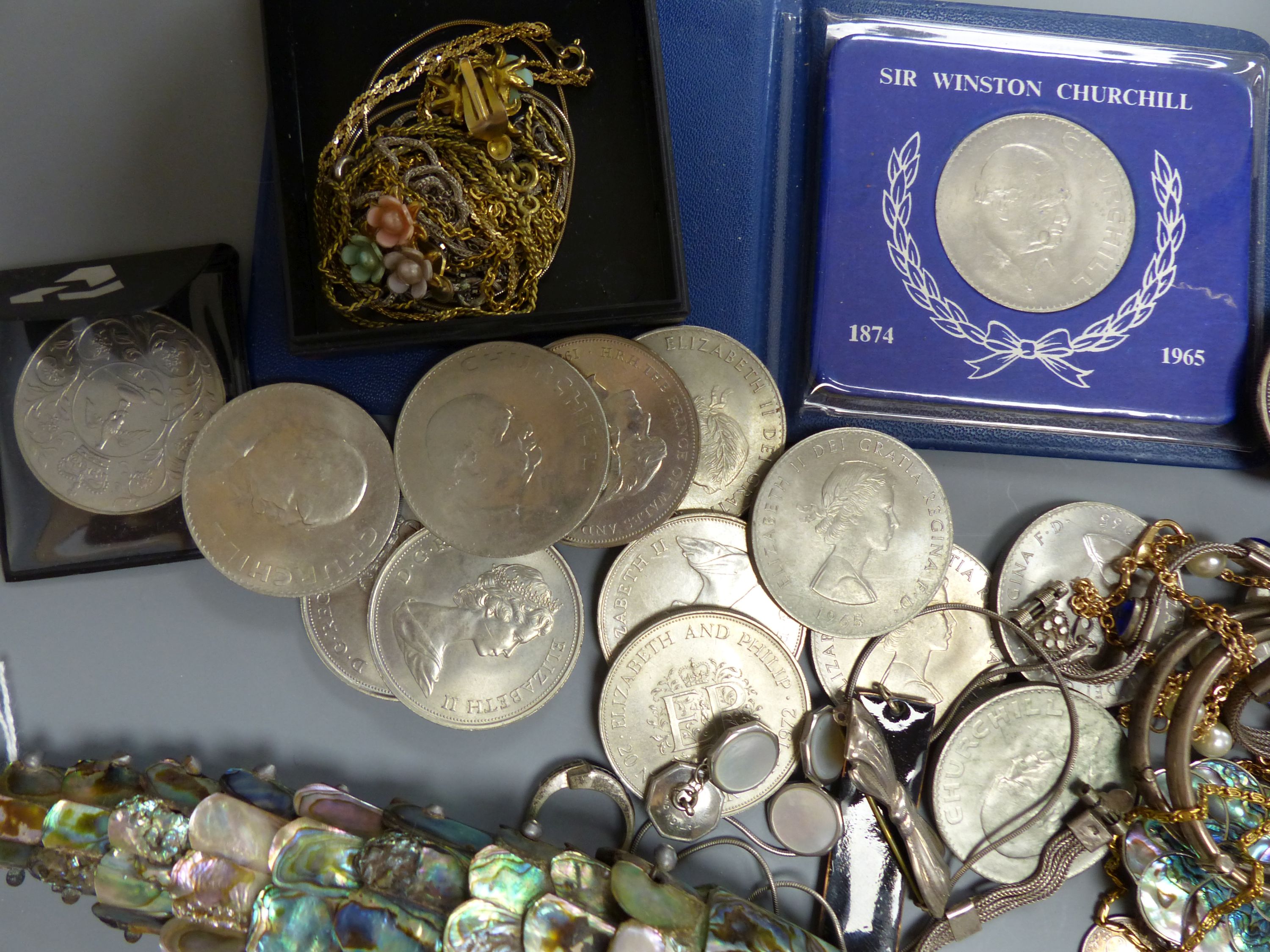 A quantity of mixed costume jewellery, an articulated fish, coins etc